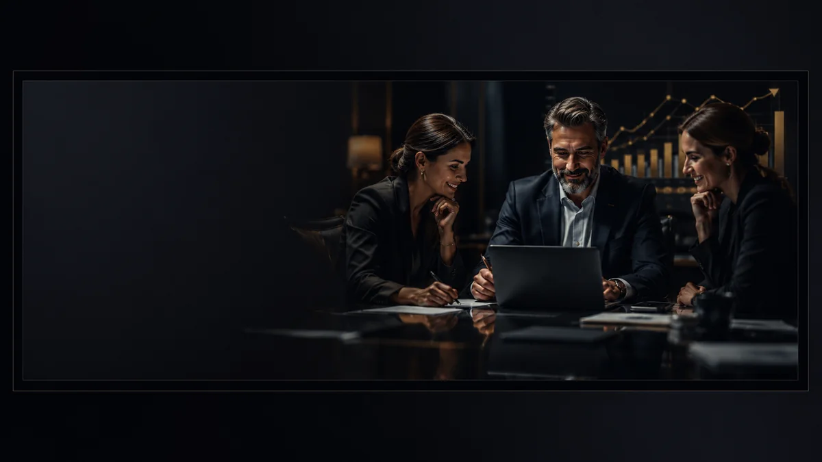 Equipe executiva analisando um case de sucesso empresarial